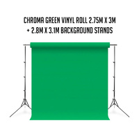 2.75m x 6m Vinyl Backdrop Roll Plus Background Stand Package - Chroma Key Green