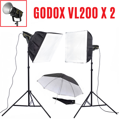 Godox VL200D x 2 Video Lights Kit 200W COB LED 5600K lights with bowens mount. Duel battery powered.