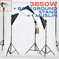 Most Powerful Soft Box Boom Light Package total power equ. 4550W Full Studio Kit including Background stand + 1 Muslin Backdrop