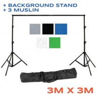 Backdrop Background Stand + 3x cotton 150g pm2 Muslin 3m x 3m