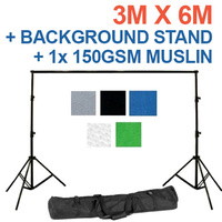 Background Backdrop Stand 2.8m (H) x 3.1 (W) + 100% Cotton Seamless 1 piece Muslin 150g pm2 3m x 6m Backdrop Sheets