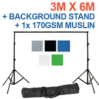 Background Backdrop Stand 2.8m (H) x 3.1 (W) + 100% Cotton Seamless 1 piece Muslin 170g pm2 3m x 6m Backdrop Sheets