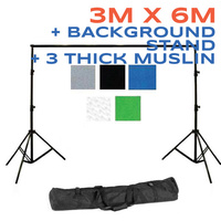 Background Backdrop Stand 2.8m (H) x 3.1 (W) + 3 x 100% Cotton Seamless 1 piece Muslin 150g pm2 3m x 6m Backdrop Sheets