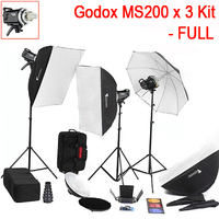 Godox MS200 x 3 Photo Flash Compact - FULL Package Photography Flash Lighting Kit 3 point Lighting System