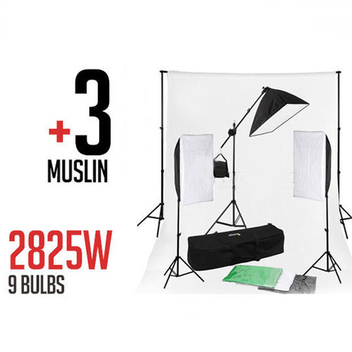 Soft Box Boom Light Full Starter Package 2825W w/ Background Stand and 3 Muslins