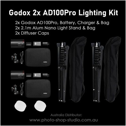 GODOX 2X AD100PRO LIGHTING KIT Package BONUS DIFFUSER CAPS