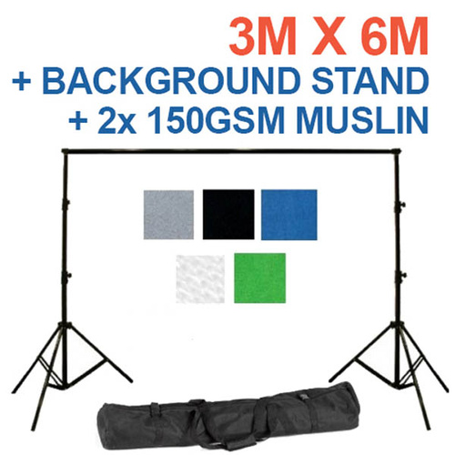 Background Backdrop Stand 2.8m (H) x 3.1 (W) + 2 x 100% Cotton Seamless 1 piece Muslin 150g pm2 3m x 6m Backdrop Sheets