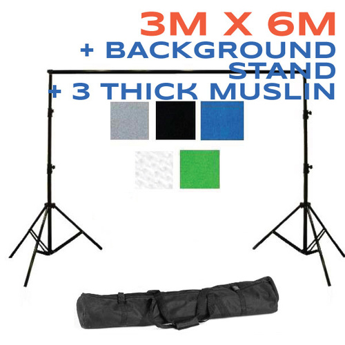 Background Backdrop Stand 2.8m (H) x 3.1 (W) + 3 x 100% Cotton Seamless 1 piece Muslin 150g pm2 3m x 6m Backdrop Sheets