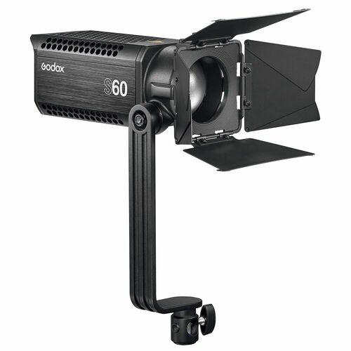 Godox S60 60w LED Focusing Light 5600K with Barn Door AC and V-lock battery powered Adjustable beam from 6 to 55 degrees.